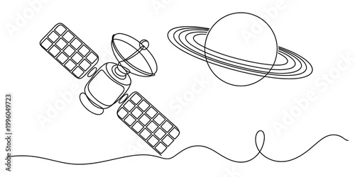 A continuous line drawing featuring a technological satellite floating near a giant planet with large ring system Vector, illustration
