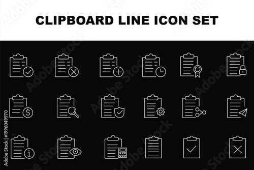 Clipboard and checklist with check boxes thin line icons set. Editable stroke. Vector illustration