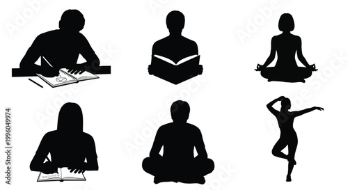 Set of black silhouettes of people studying writing and practicing yoga poses yoga.