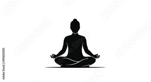 Single black silhouette of a person sitting in yoga lotus position for meditation.