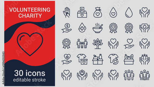 Volunteering and charity icons set for nonprofit organizations and social causes  editable stroke