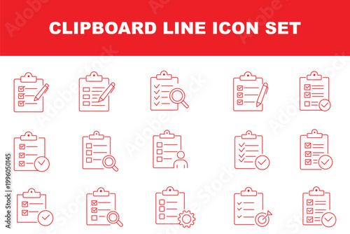 Clipboard icon set. Report and survey editable line icons. Vector illustration.