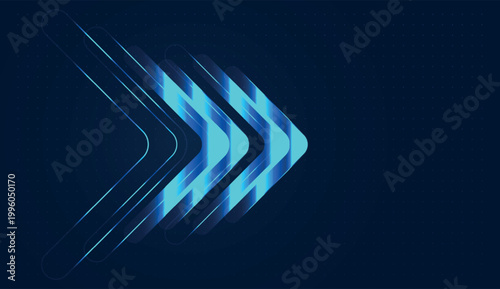 The business graphic uses glowing neon lines to represent the upward momentum of a modern digital enterprise. Multiple arrow motifs point toward success