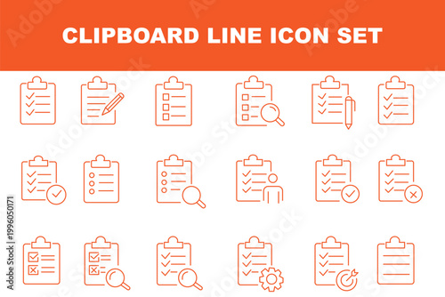 Clipboard icon set. Report and survey editable line icons. Vector illustration.