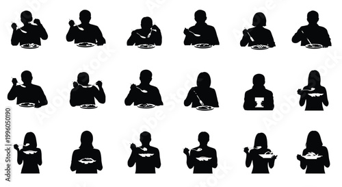 Comprehensive collection of black silhouettes showing people eating meals at table.