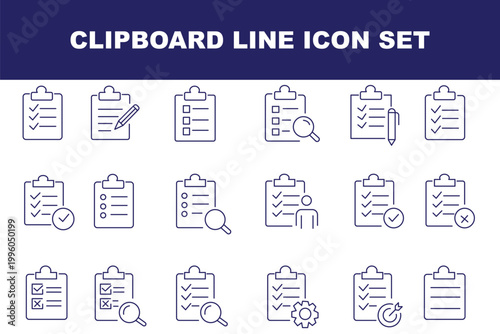Clipboard icon set. Report and survey editable line icons. Vector illustration.