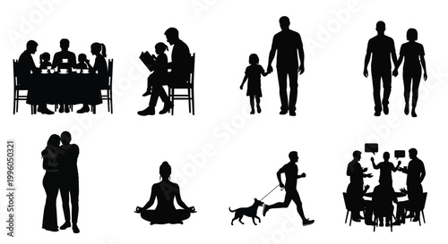 Collection of human silhouettes in various everyday family and lifestyle situations.
