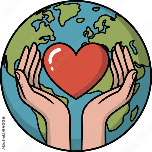 Hands cradling red heart over planet earth illustration, vector concept for global care, love for humanity, environmental protection and world unity design elements.