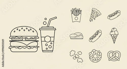 Fast food icons collection hamburger drink fries pizza hot dog.