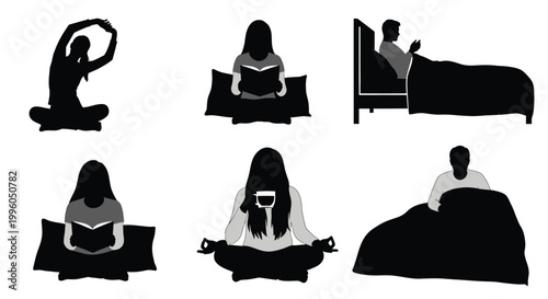 Relaxation and resting silhouettes showing people meditating reading and sleeping.
