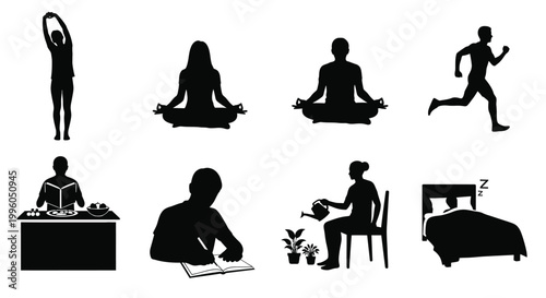 Silhouettes of people doing yoga meditation running and eating healthy daily life.