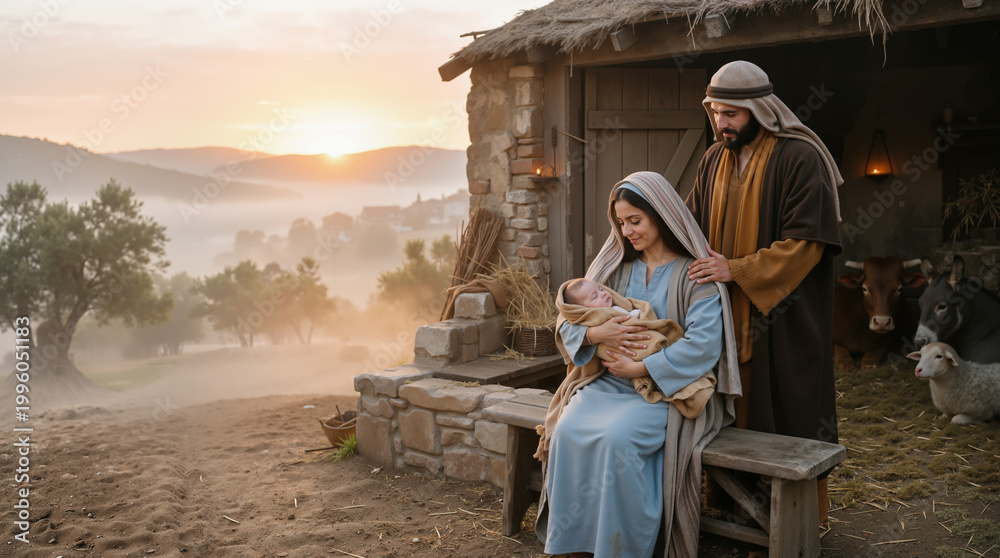 Fototapeta premium Nativity scene with Joseph, Mary, and baby Jesus. Traditional depiction of the holy family in a stable at sunrise