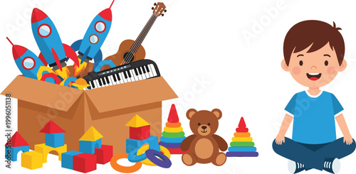 Kids Toys Collection Illustration with Rockets, Blocks, Piano, Violin, Teddy Bear and Happy Child Sitting, Playtime and Early Learning Concept for Design