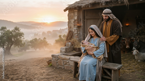 Nativity scene with Joseph, Mary, and baby Jesus. Traditional depiction of the holy family in a stable at sunrise