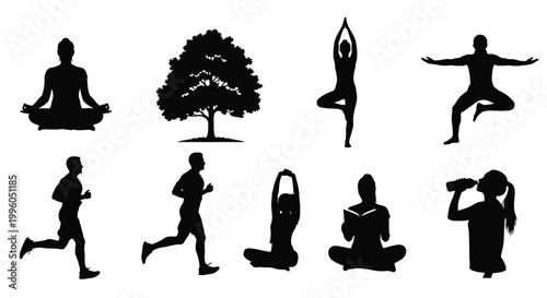 Set of black human silhouettes exercising yoga running and reading near old tree.