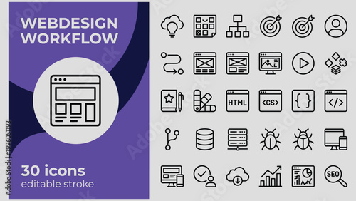Web design workflow icons set with editable stroke for developers and designers tools  web development  coding  seo  websites