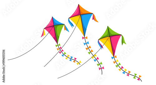 Colorful kites flying in the air with long tails against a white background