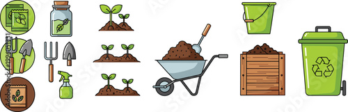 Gardening and composting icon set with seedlings tools wheelbarrow wooden crate bucket and recycling bin flat vector illustration collection
