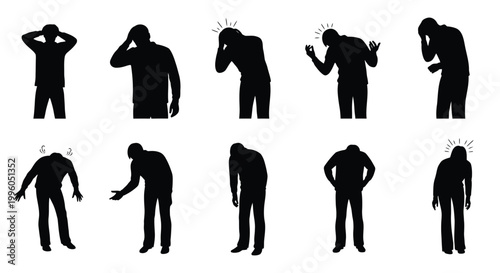 Collection of stress and burnout people silhouettes experiencing mental discomfort.