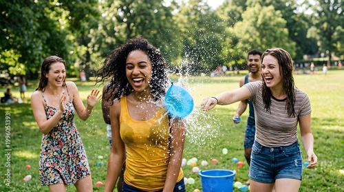 A group of friends is enjoying a fun day in the park. They are playing with water balloons and splashing each other. Laughter fills the air as they have a good time together