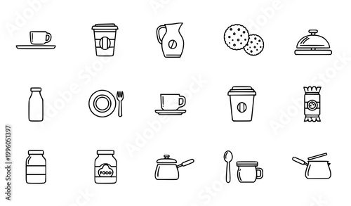 Breakfast outline icons set with tray coffee milk cookies and kitchen elements in clean monoline vector style