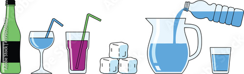 Drinks and beverages vector set with bottle cocktail glass juice ice cubes water pitcher and pouring bottle flat illustration collection