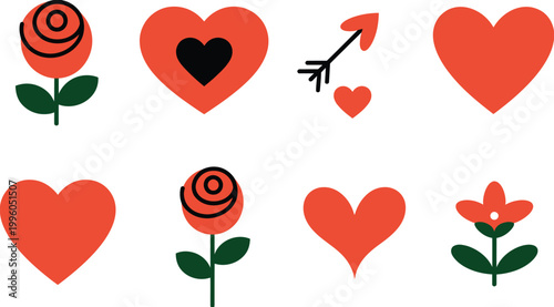 Red heart and rose floral pattern with arrow flower, vector illustration for romantic design, love symbol, floral decoration and Valentine’s themed pattern artwork.