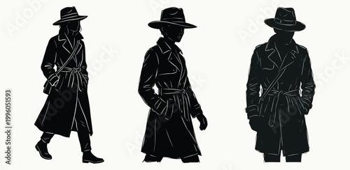 Fashion silhouettes wearing classic trench coats and fedoras in noir style