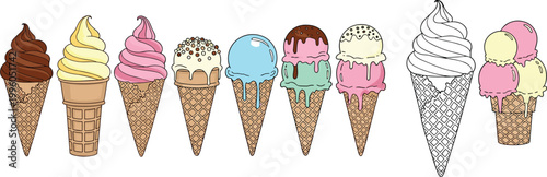 Ice Cream Cone Set with Different Flavors, Scoops, Waffle Cones, and Sweet Dessert Illustrations for Summer Food Design and Menu Projects