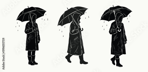 Silhouette of person with umbrella and raincoat walking in rain for seasonal weather concepts
