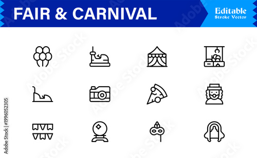 Fair and Carnival line icon set featuring professional, minimal, editable vector icons themed around festivals, amusement parks, carnival rides, booths, and fun activities.