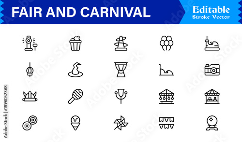 Fair and Carnival line icon set featuring professional, minimal, editable vector icons themed around festivals, amusement parks, carnival rides, booths, and fun activities.