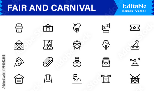 Fair and Carnival line icon set featuring professional, minimal, editable vector icons themed around festivals, amusement parks, carnival rides, booths, and fun activities.