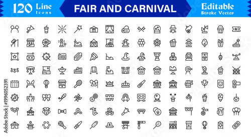 Fair and Carnival line icon set featuring professional, minimal, editable vector icons themed around festivals, amusement parks, carnival rides, booths, and fun activities.