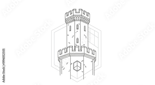 Fortress Tower Outline Drawing, Medieval Castle Turret Icon, Geometric Background