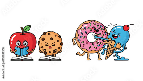 Tableau sur toile Sweet Showdown: A whimsical depiction of a standoff among animated desserts, with a reading apple and a cookie pitted against a doughnut and an ice cream