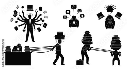 Business stress and heavy workload concepts for corporate productivity challenges set.