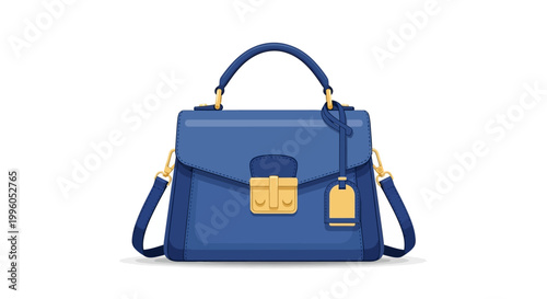 A blue leather handbag with gold hardware and a shoulder strap on a white background.