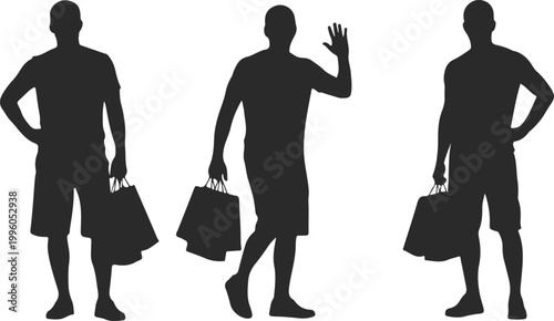 Silhouettes of men carrying shopping bags isolated on white background