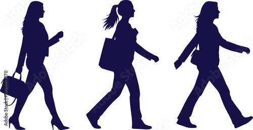 Silhouettes of three women walking in profile carrying bags