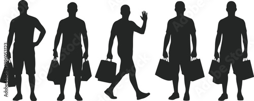 Silhouettes of men shopping with bags isolated on white background