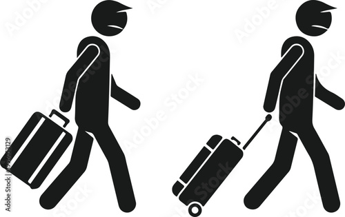 Journey's Start: Stick figures depicting individuals on a journey, carrying or wheeling luggage, embodying the essence of travel.