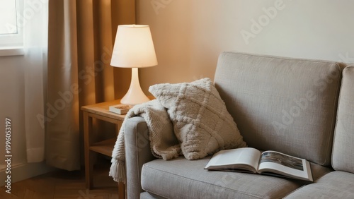 A corner of the sofa under a warm table lamp, with a blanket and book creating a warm and healing home reading atmosphere, making it a visual material image suitable for home and lifestyle scenarios.