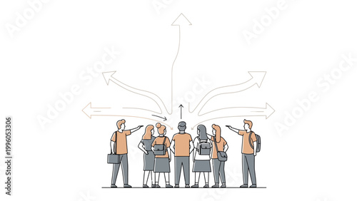 Bild auf Leinwand Navigating the Crossroads: A gathering of individuals stands at a decision point, confronted by a multitude of directional pathways symbolizing choices and opportunities