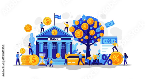 Flat illustration of people interacting with bank building and financial symbols.