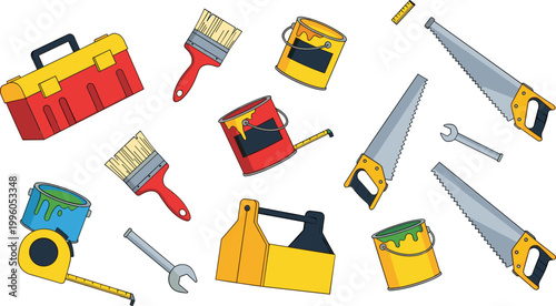 Hand Tools and Equipment Icons Set with Toolbox, Brushes, Saw, Paint Cans, Measuring Tape, and Wrenches for DIY, Construction, and Repair Graphics