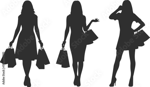 Silhouettes of three women shopping with bags isolated on white background
