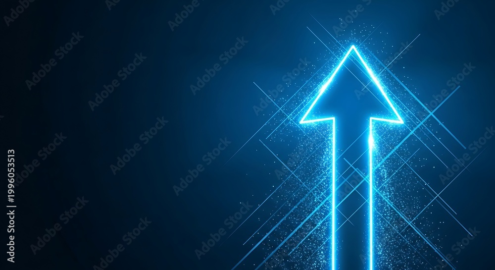 Fototapeta premium Glowing blue arrow pointing up with neon light effect