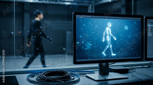Motion capture studio computer showing digital skeleton walking