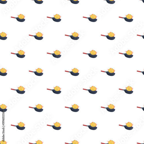 Woks with sizzling noodles and shrimp creating a delicious food pattern